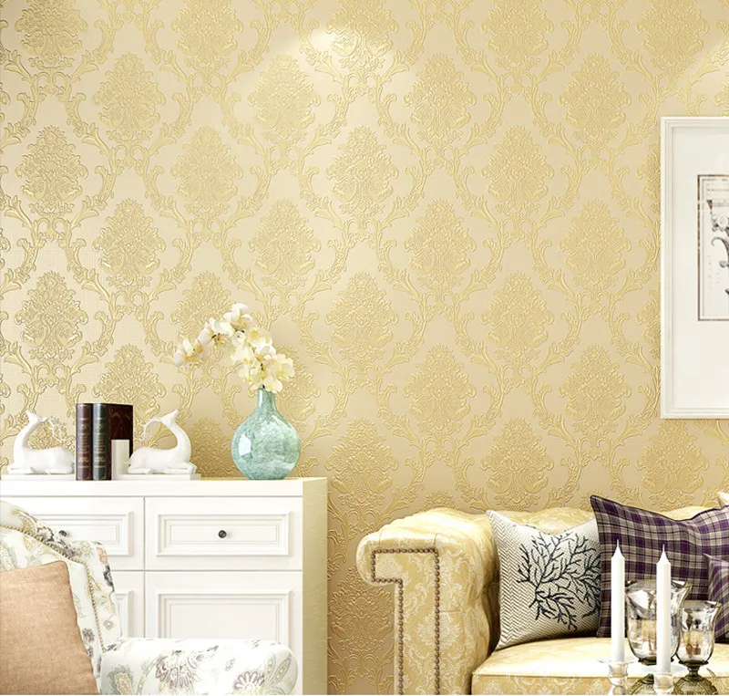 

Victorian Yellow 3D Damask Wallpaper For Walls Vintage Damask Wall Paper Roll Wall Coverings 10M Home Decoration