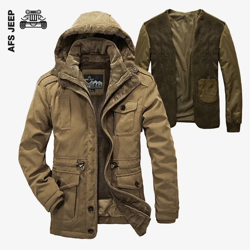 AFS JEEP Winter Jacket Men Windproof 2017 Single Breasted Solid Hood
