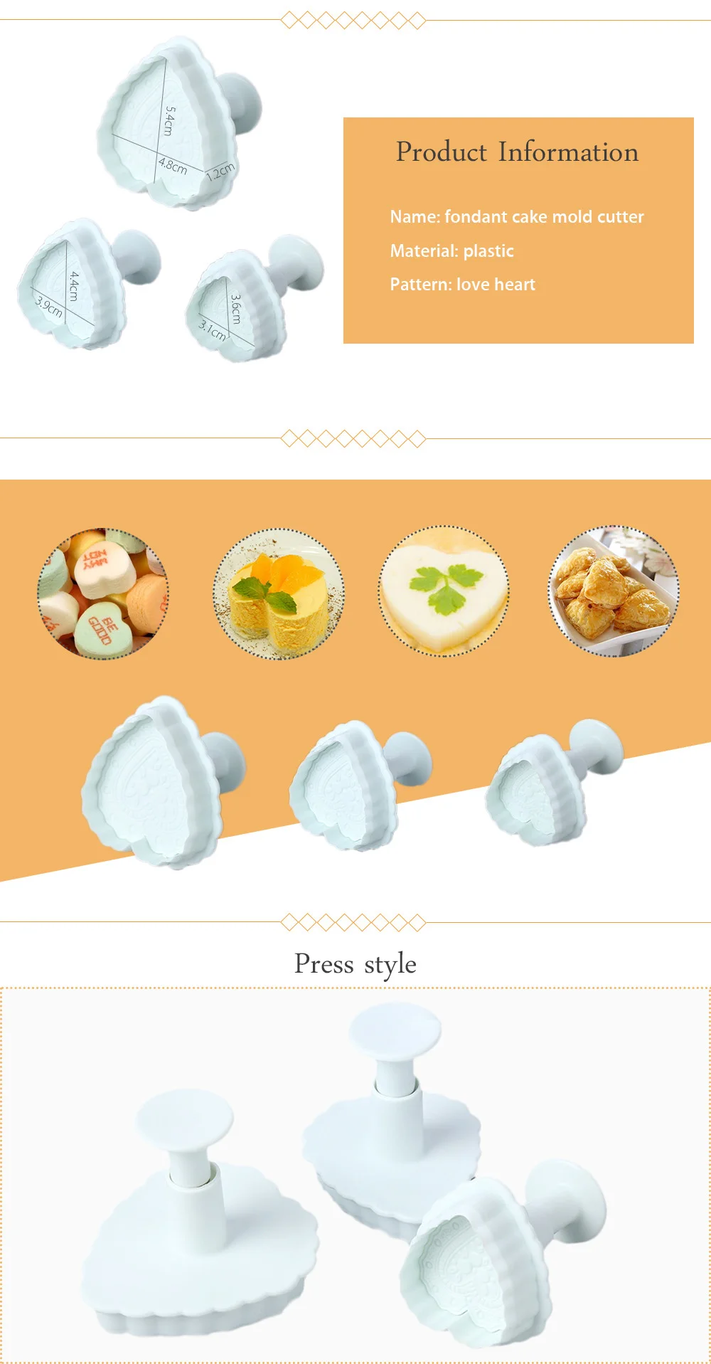 3pcs DIY Love Heart Fondant Cake Punch Mold Baking Cutter