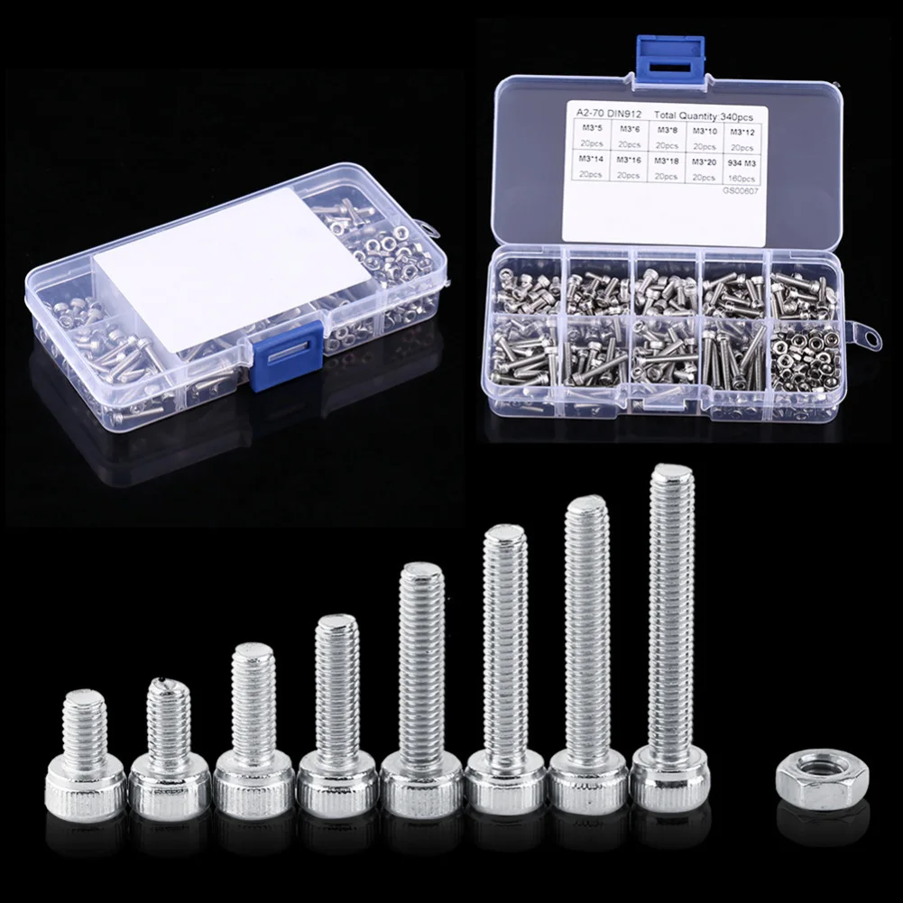 

340Pcs/Box Hex Screws Bolts Nut Set Stainless Steel M3 Cap Head Fastener Kit with Storage Box CLH@8