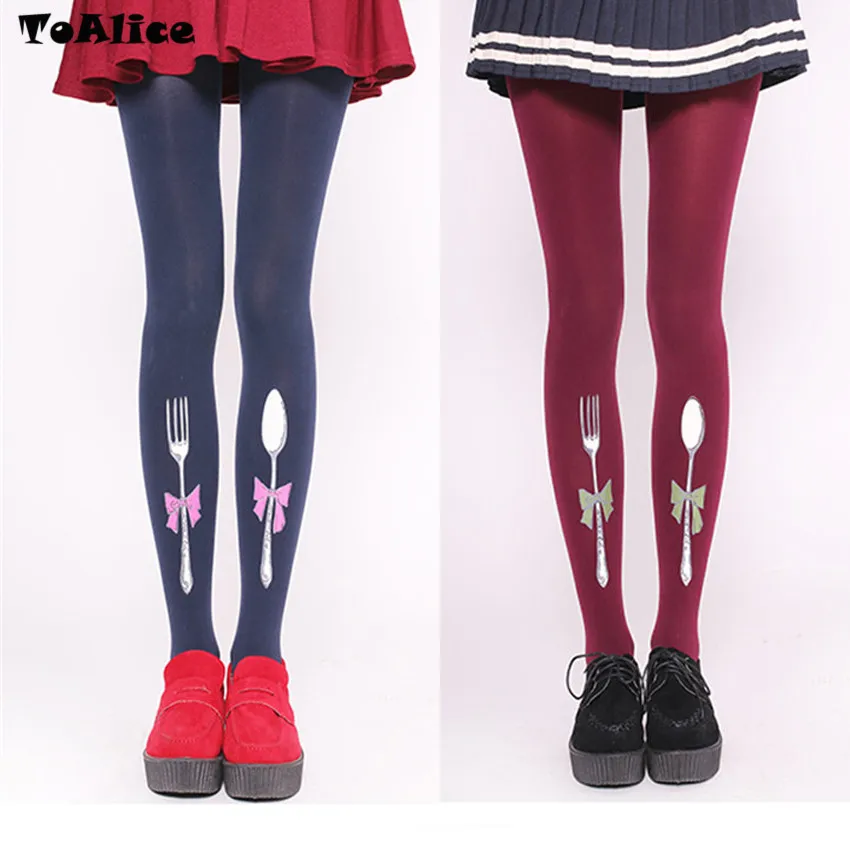 

Cute Womens Lolita Alice Fork & Spoon Velet Tights Cute Harajuku Pantyhose Mori Girls 120D Stockings 5 Colors