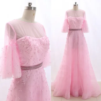

MACloth Pink A-Line O Neck Floor-Length Long Beading Tulle Prom Dresses Dress S 266191 Clearance