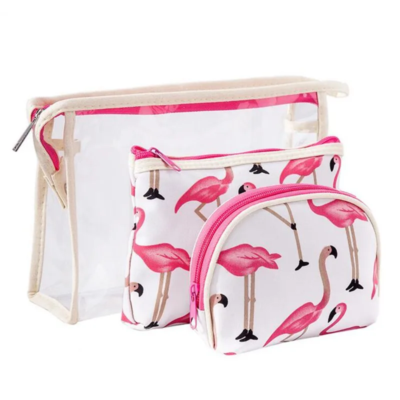 

Lovely 3Pcs/Set Multicolor Flamingo Make Up Storage Cosmetic Bag Waterproof Transparent Toiletry Bath Beauty Makeup Case Box Kit