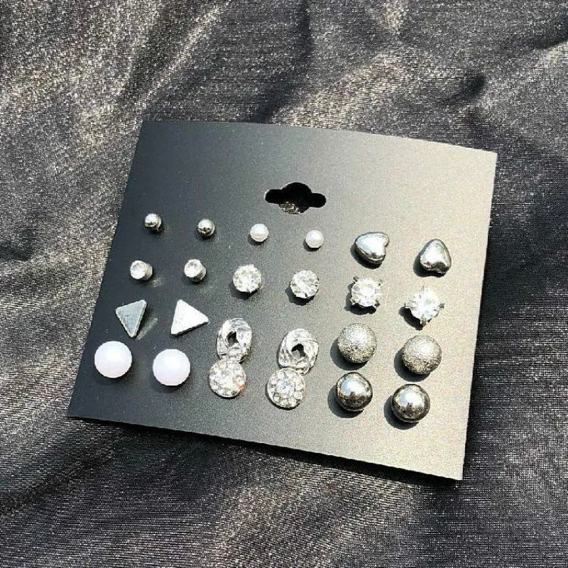 

Fashion 12 pair/set Women Square Crystal Heart Stud Earrings for Women Piercing Simulated Pearl Flower Earrings