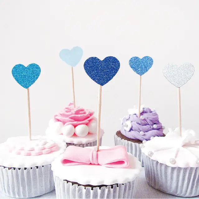 Online Shop 10pcs Heart Shaped Cake Topper Glitter Insert Cards