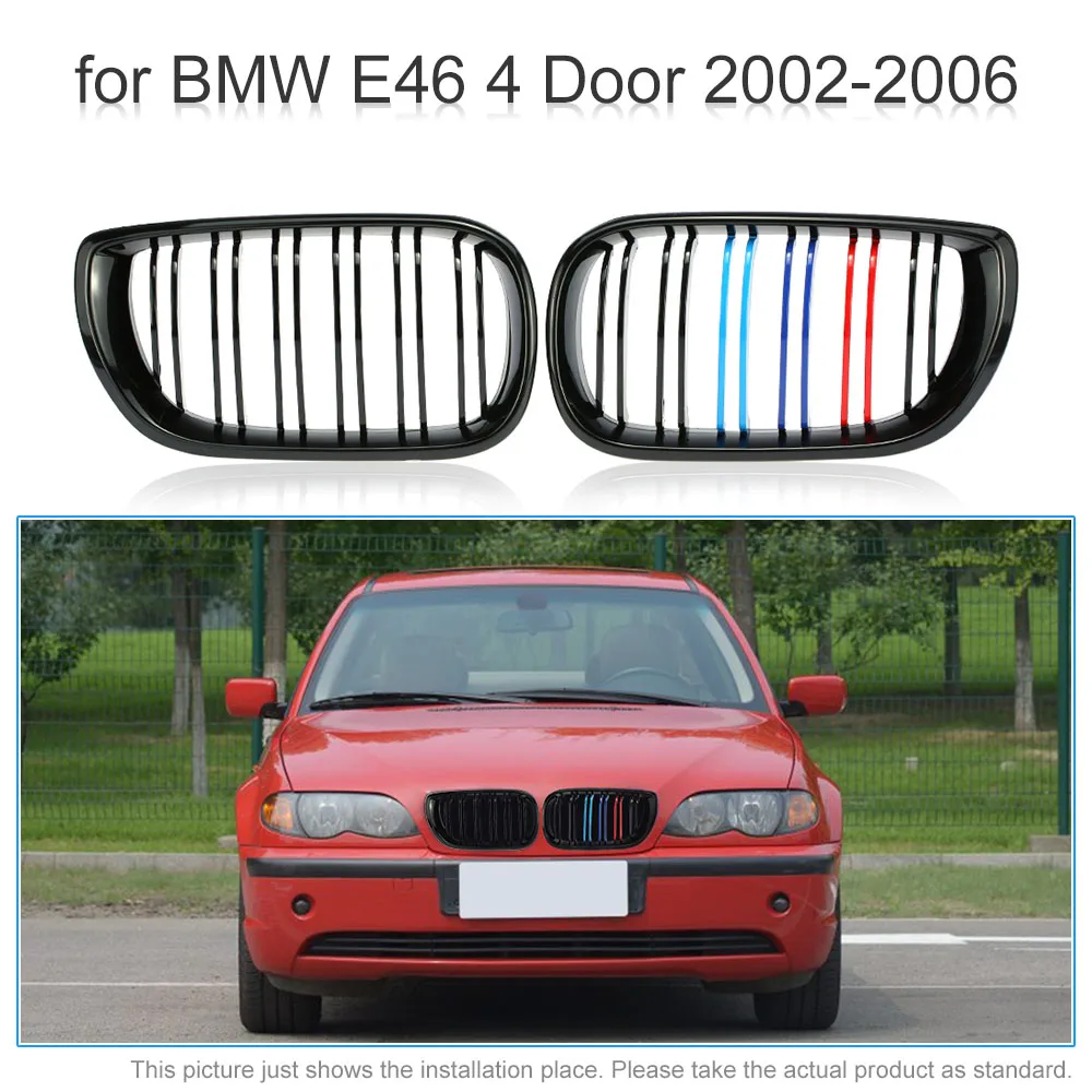 

for BMW E46 One Pair of Gloss Black M-color Car Front Grille Grilles 4 Door 2002 2003 2004 2005 2006