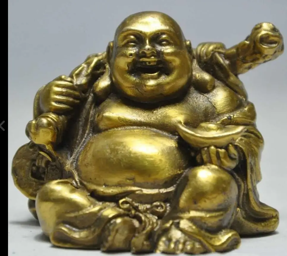 

wang671115504++++Chinese Buddhism Bronze Brass Happy Laugh Maitreya Buddha Yuanbao Money Statue A