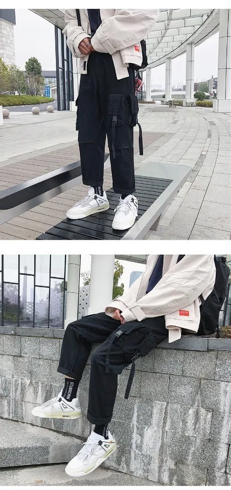 Ленты мульти-карман эластичный пояс дизайн карго джинсовые брюки мужские однотонные повседневные уличные прямые брюки мужские хип-хоп мода