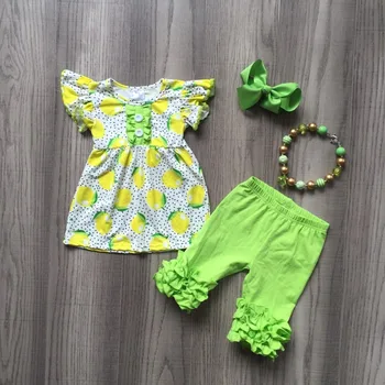 

hot new arrival baby girls summer lemons top green ruffled pants outfits fresh and cold clothes with accessories