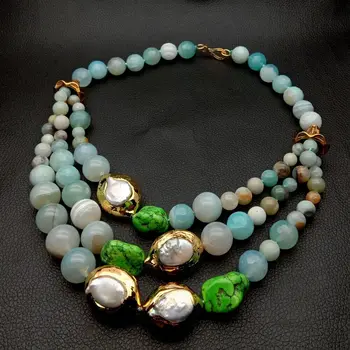 

20" 3 Strands Blue Agate White Keshi Pearl Turquoise Necklace