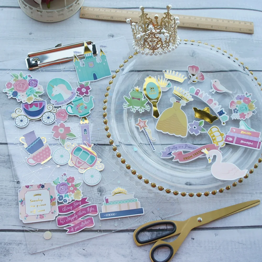 

48pcs Gold Princess Castle Crown Carriage Paper Sticker As Scrapbooking DIY Gift Packing Label Decoration Tag Decoration