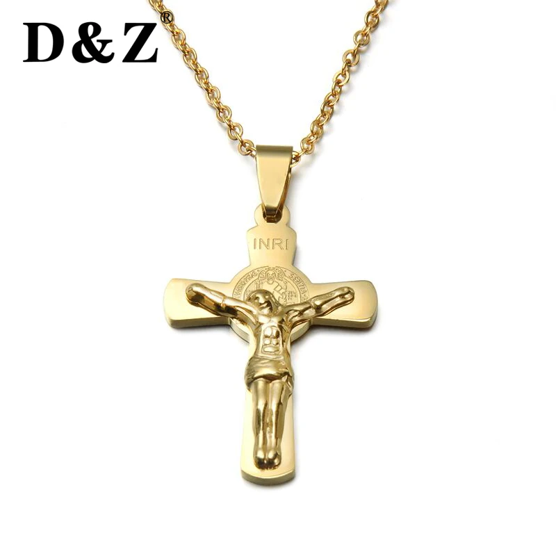 

D&Z Cross Necklace INRI Crucifix Jesus Piece Pendant Gold Color Stainless Steel Men Chain Christian Jewelry Christmas Gifts