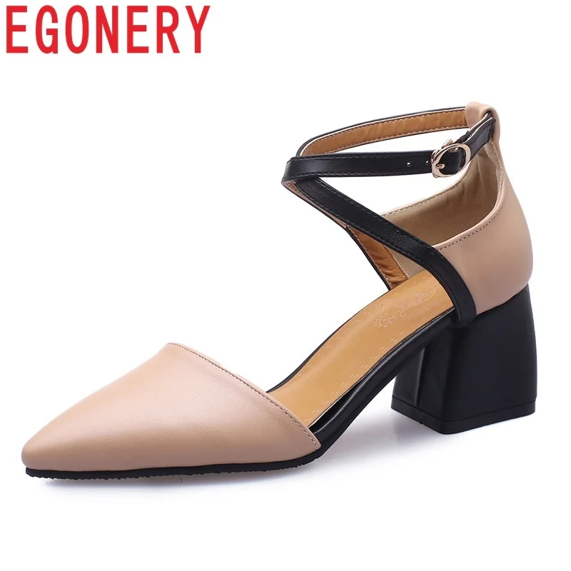 

EGONERY shoes woman spring newest concise mixed colors buckle work women pumps outside high square heel cross-tied ladies shoes