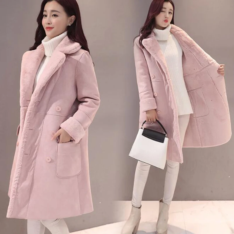 Rihschpiece Winter Suede Long Jacket Women Velvet Parka Thick Fur Coat Warm Vintage Casual Pocket Clothes Outwear RZF1520