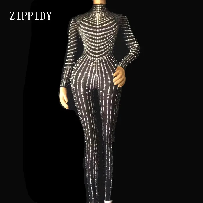 

Fashion Black Nude Pearls Jumpsuit One-piece Stretch Sexy Bodysuit Stage Performance Party Celebrate luxurious Leggings
