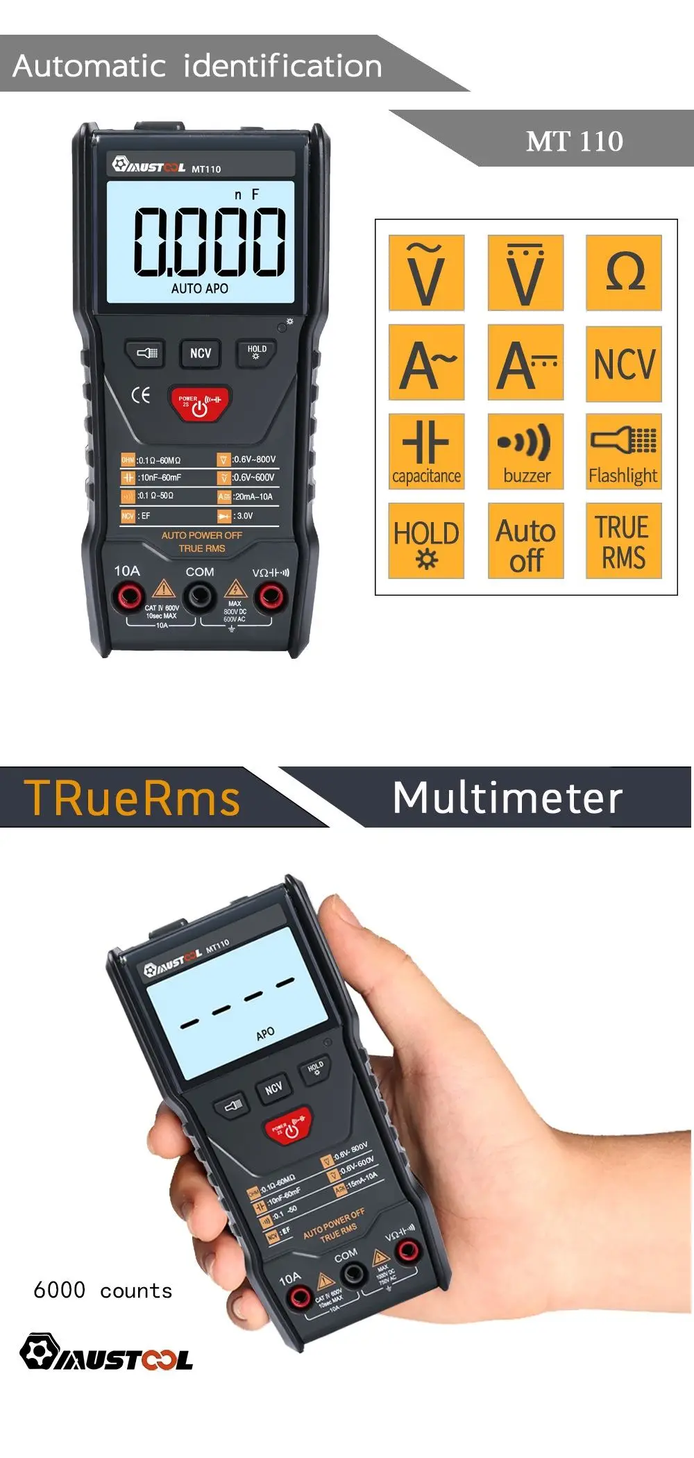 MUSTOOL MT110 автоматический измерительный мультиметр True RMS цифровой 6000 отсчетов мультиметр+ DC800V+ Удержание данных+ Подсветка+ NCV/супер яркий