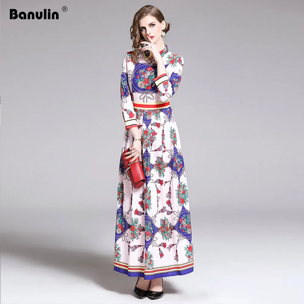 

Banulin Woman Designer Spring Summer Vintage Print Floral Runway Long Maxi Casual Beach Party Pleated Office Dress Clothes