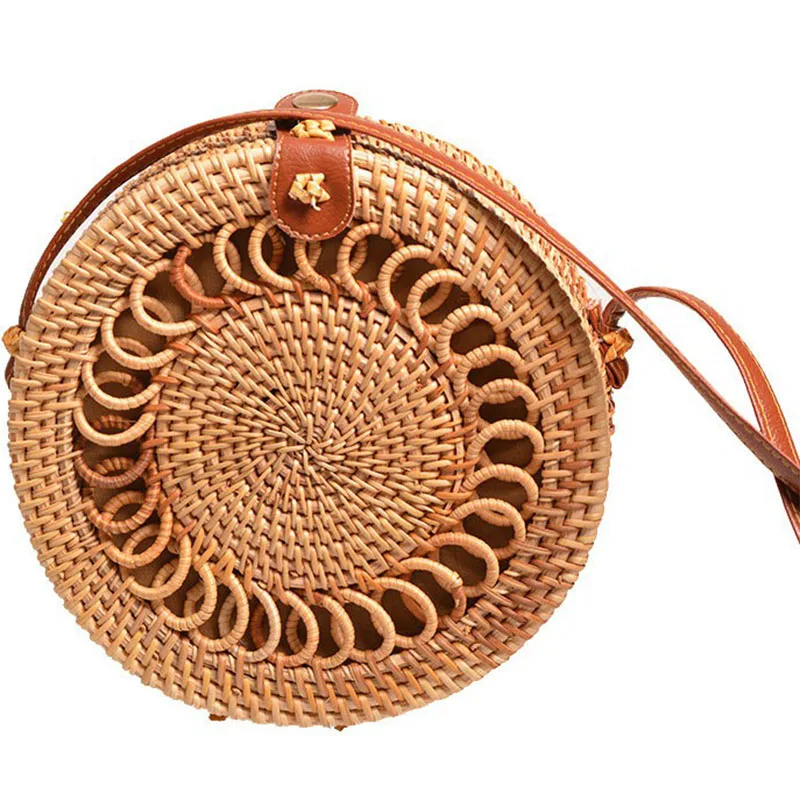 

Spiral Decoration Vintage Literary Women Button Woven Rattan Sling Bag