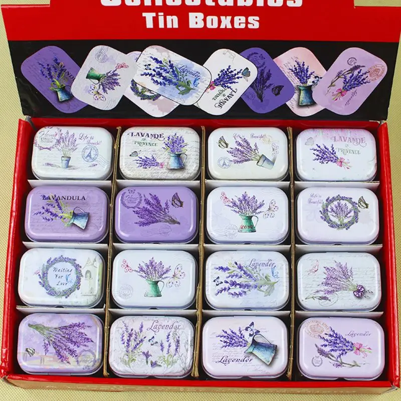 

Lavender Mini Tin Jewelry Small Coin Box Tinplate Rectangular Gifts Packing Organizer Container Flip Cover