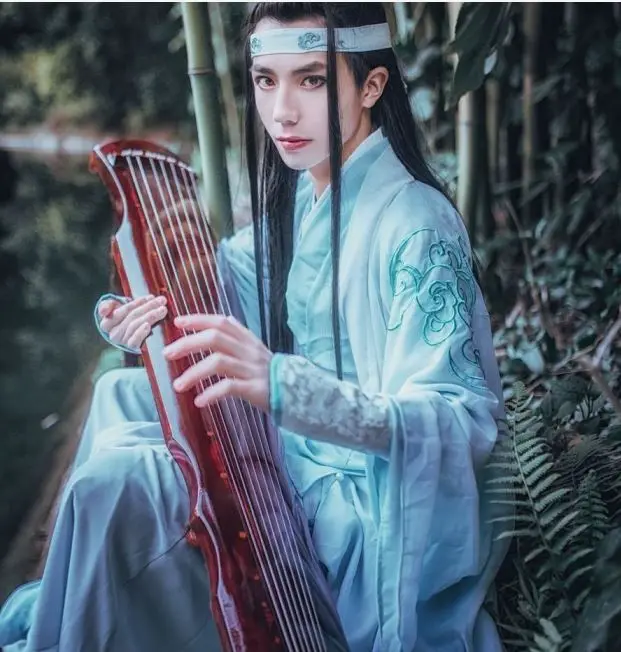 

Lan Wangji White Blue Embroidery Costume Male Cosplay Hanfu for Anime The Founder of Diabolism Ancient Chinese Scholar's Hanfu