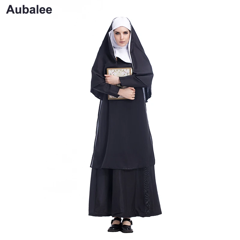 

New Virgin Mary Nuns Costumes Sexy Women Long Black Hood Nuns Costume Arabic Religion Monk Vampire Witch Cosplay Party Halloween