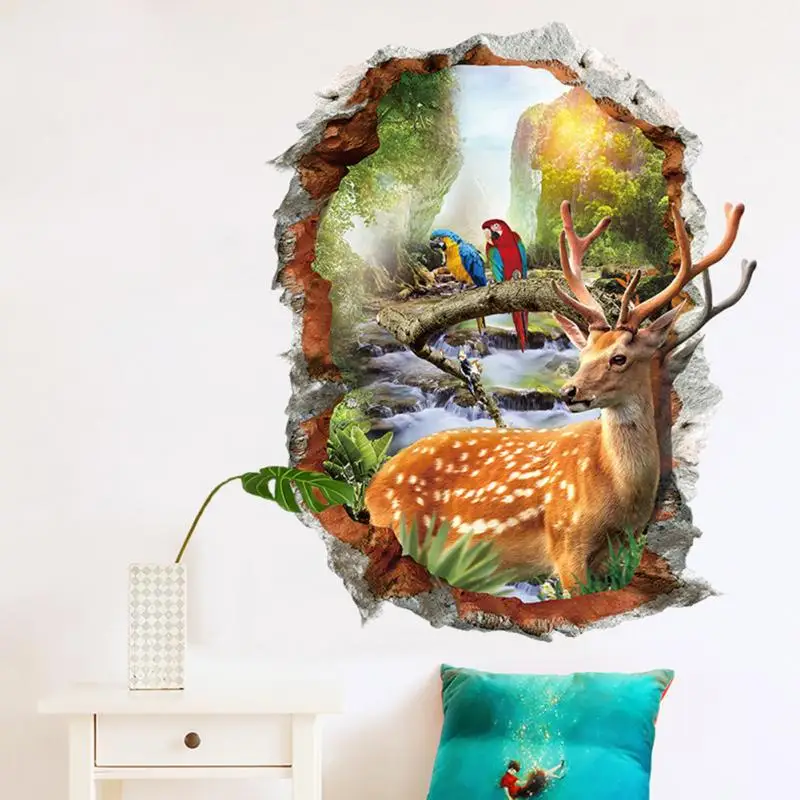 

50cm*70cm Colorful Forest Animals Birds Deer sight Wall Stickers 3d Broken Wall Decals Home Decor Art Poster Home Hotels Decor