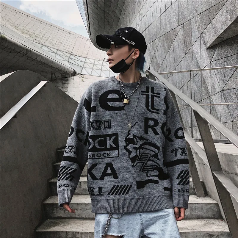 Dark Icon Letter Round Neck Hip Hop Sweater Men Autumn Winter Pullover Men’s Sweaters Loose Sweater Men