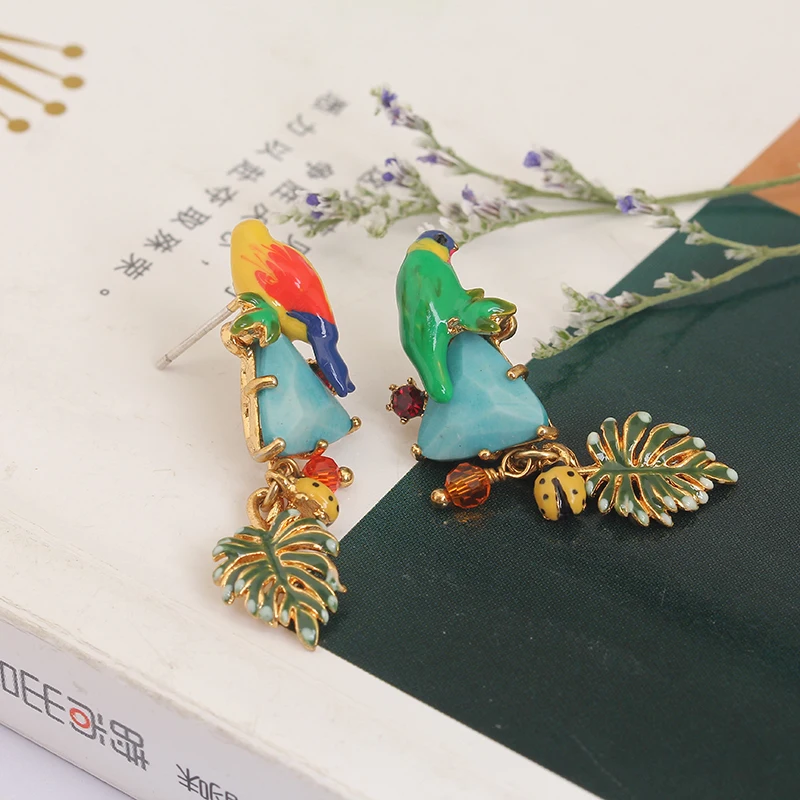 

Juicy Grape Enamel Colorful Parrot Blue Pine Asymmetry Personality 925 Silver Needle Earrings For Woman Fashion Romantic Jewelry