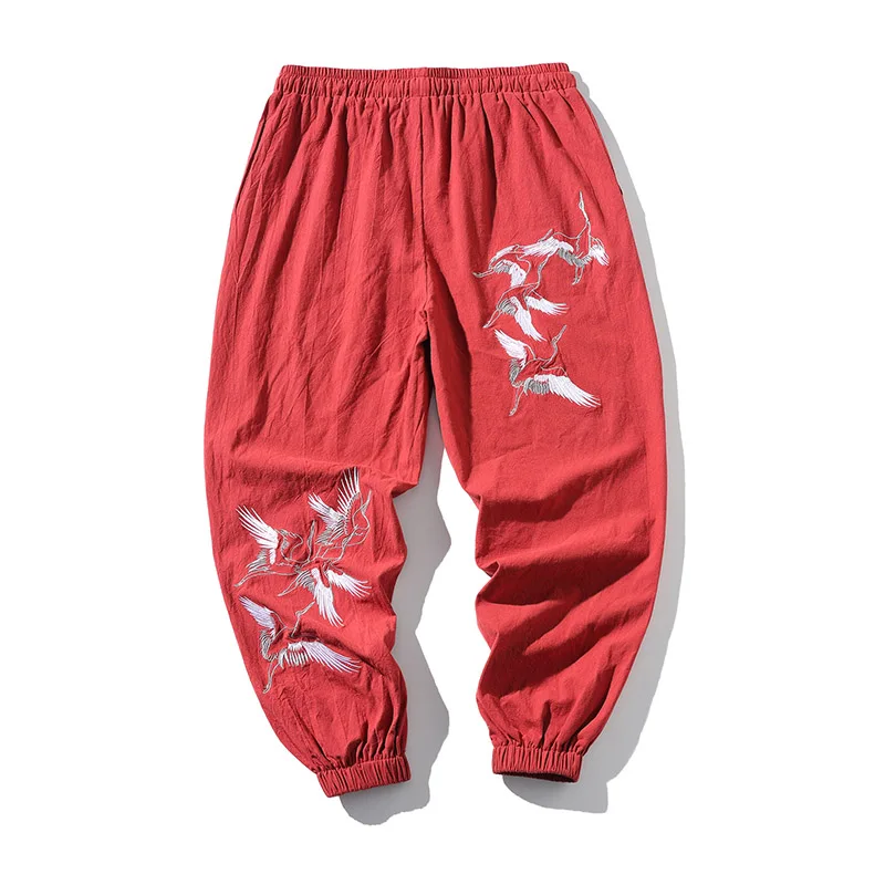 Comprar Pantalones de ocio de verano bordado de lino de algodón de cintura de los hombres pantalones regulares de lino recto hombres farol banda de pie impreso Pantalones
