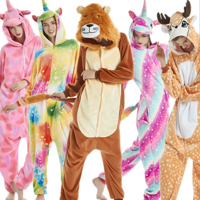 

Adult's Sika Deer Unicorn Tiger Lion Fox Flannel Kigurumi Cosplay Costume Onesies Pajama Halloween Carnival Masquerade Party