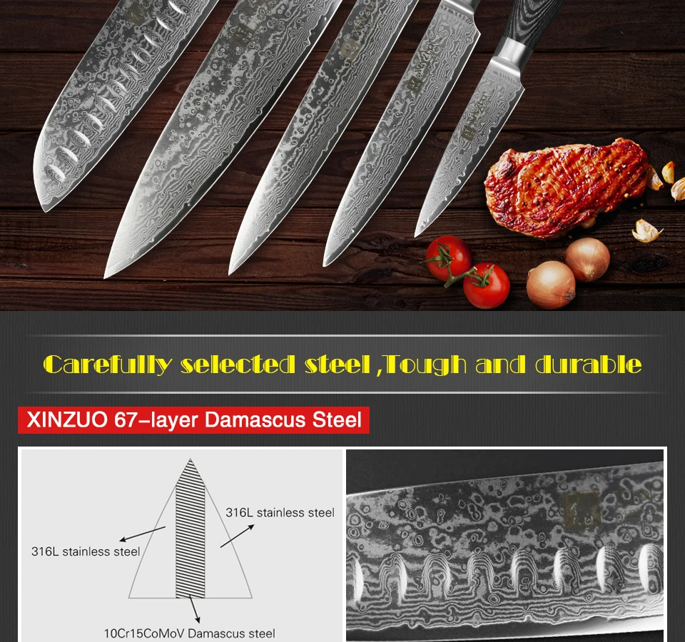 XINZUO 5 шт. набор кухонных ножей японский VG10 Дамасская сталь поварской Набор ножей Pakkawood ручка шеф-повара Кливер Santoku нож для очистки овощей