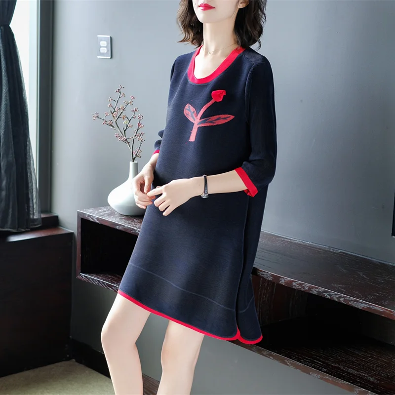 

2019 New Women's Clothing Summer Fashion O-neck Three-quarter Sleeves Dress Elastic Mesh Patchwork Vintage Loose Dresses Female