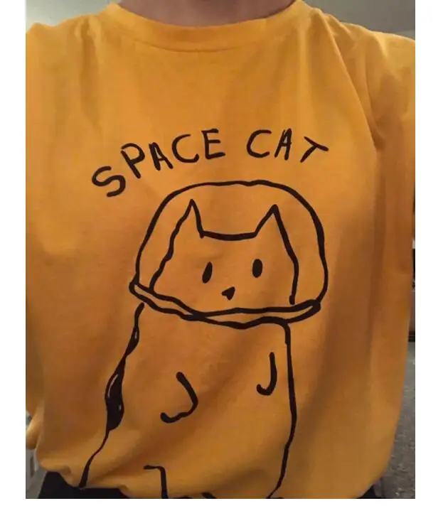 

Space Cat Grunge Graphic T-Shirt Yellow Letter and Cat Print Aesthetic Tee Vintage Pastel Goth Quality Tops art quote cat shirt