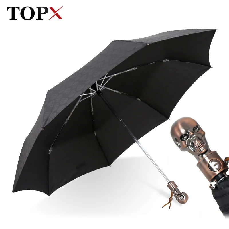 Зонт для мужчин, креативный стиль, металлический череп, голова в стиле панк, ветрозащитный зонт, защита от солнца, дождя, автоматический, 3 складывания, женский зонт