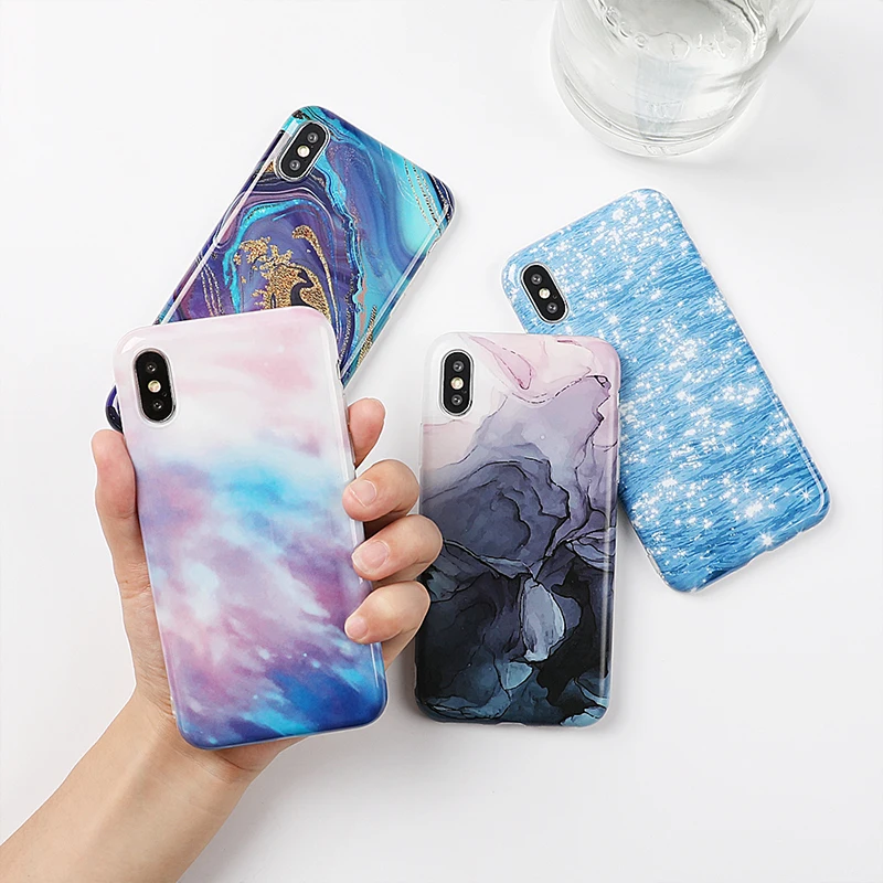 

LOVECOM Luxury Marble Phone Case For iPhone XR XS Max 6 6S 7 8 Plus X Glossy Soft IMD Full Body Phone Back Cover Case Shell Gift