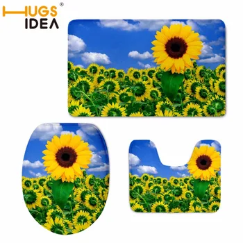

HUGSIDEA Sunflower Print Bathroom Toilet Cover 3 Piece Warmer Soft WC Overcoat Toilet Case Mat Bathroom Carpet accessories set