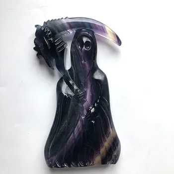 

High Quality Natural Crystal Colorful Fluorite Grim Reaper Statue Hand Carved Poshlied Home Feng Shui Deco FYY