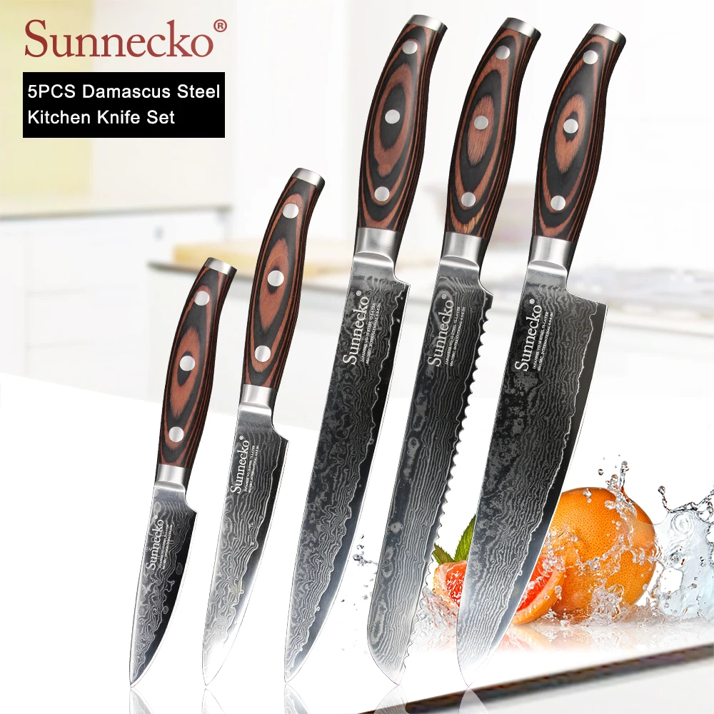 

SUNNECKO 5PCS Damascus Kitchen Knives Set Chef Slicing Utility Paring Bread Knife Japanses VG10 Steel Blade Pakka Wood Handle
