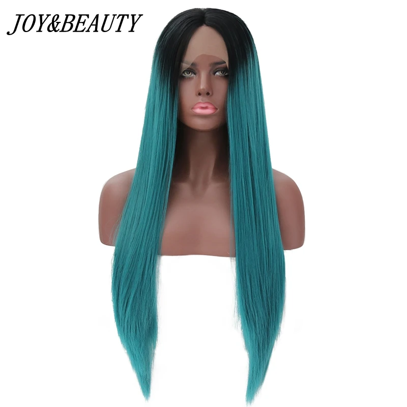 

JOY&BEAUTY Long Straight Black Roots Ombre Sky blue Synthetic Lace Front Wig High Temperture Fiber Middle Part For Women