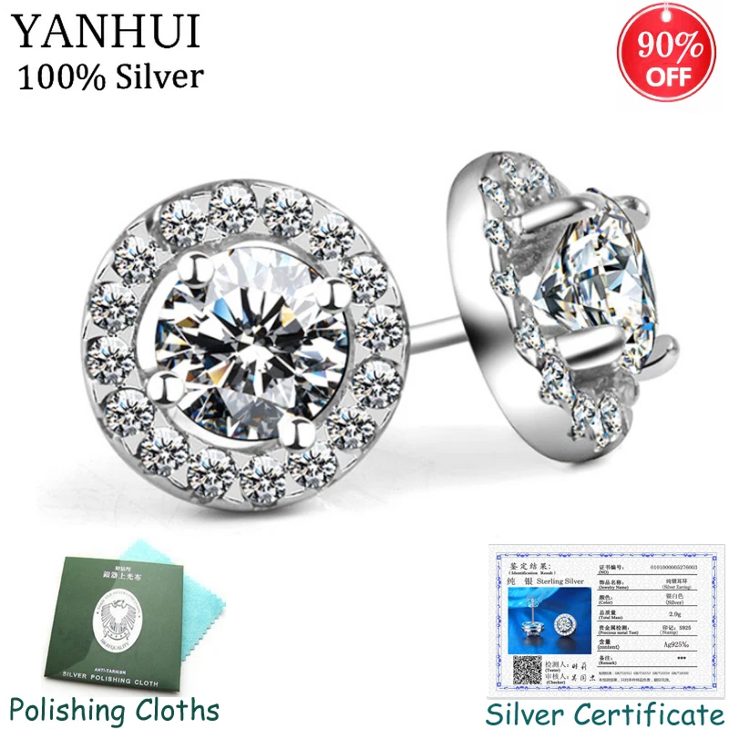 

Sent Certificate! Natural 925 Solid Silver Stud Earrings for Women Round 6mm Cubic Zircon Wedding Earrings Bride Jewelry CE013