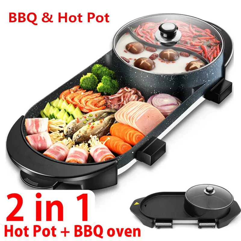 

2 In 1 Electric Barbecue Pan Grill Teppanyaki Cook BBQ Oven Hot Pot Kitchen Tool