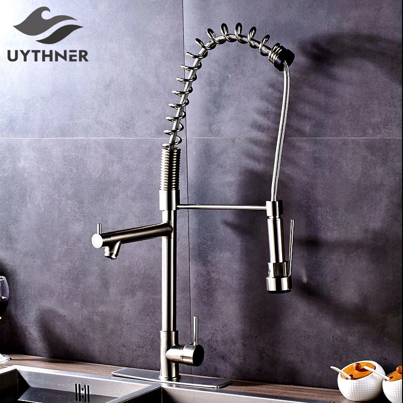 

Uythner Factory Direct Sale Heighten Brushed Nickel Deck Mounted Kitchen Faucet With Plate Cover Mixer Tap