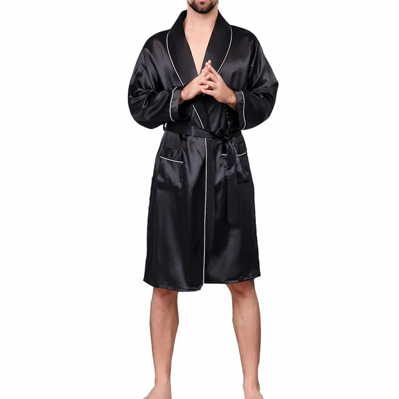 

Men Solid Lounge Sleepwear Robe Faux Silk Nightwear For Men Comfort Silky Bathrobes Noble Dressing gown Men's Sleep Robes 2019