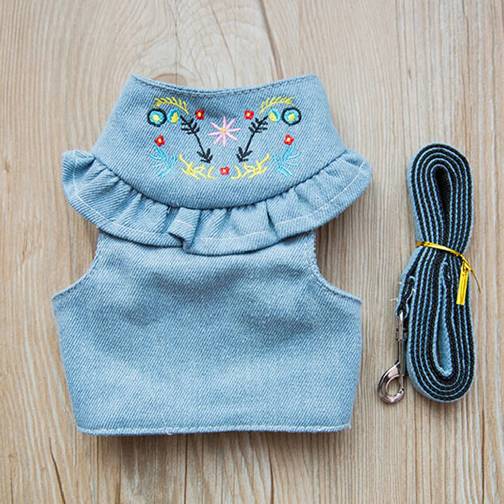 Embroidery Jean Dog Harness Vest Pet Puppy Vest Leash Walking Traction Rope Denim Adjustable Chest Strap Small Dog Accessories