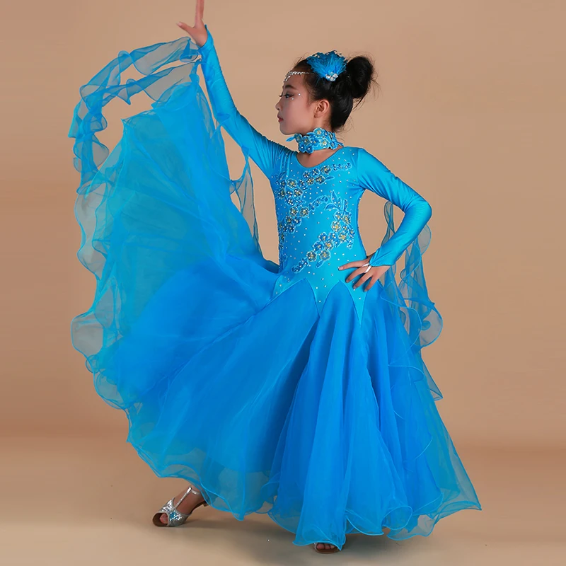 Children Standard Ballroom Dance Competition Dress For Girls Kids Long