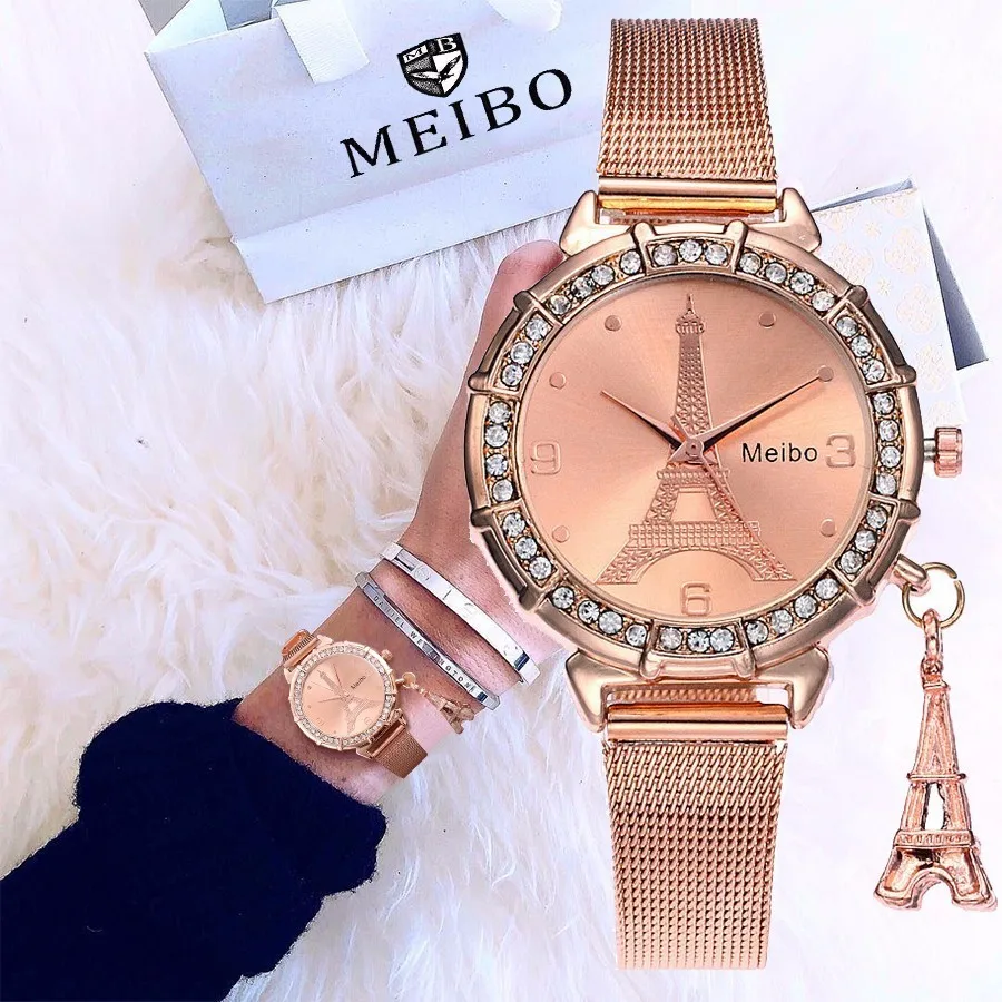 

Women Rose Gold & Silver Eiffel Tower Watch Fashion Casual Ladies Stainless Steel Tower Pendant Quartz Watch Relogio Feminino