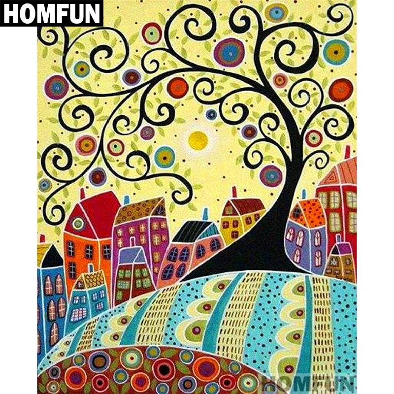 

HOMFUN Full Square/Round Drill 5D DIY Diamond Painting "Abstract tree houses" Embroidery Cross Stitch 5D Home Decor A01297