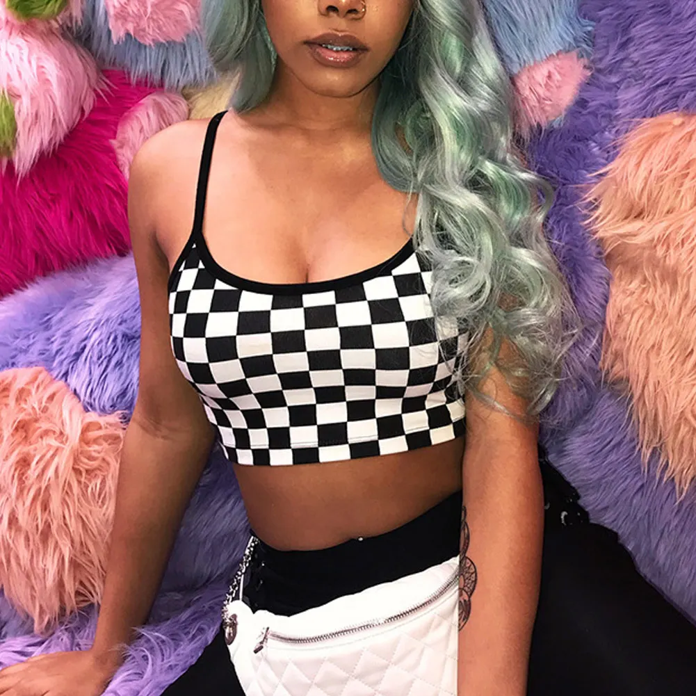 

2019 Summer Sexy Slim Tank Top Streetwear Sleeveless Crop short Tops Tees Shirt Camisole Plaid Femme Camis Casual Clothing