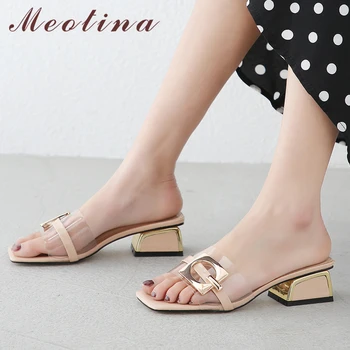 

Meotina Summer Slippers Women Shoes Transparent Chunky Heels Shoes Buckle Open Toe Slides Ladies Sandals Green Big Size 33-43 40
