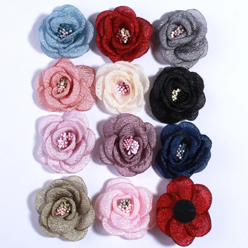 

10PCS 5CM New Artificial Bling Burned Peony Flower For Hair Clips Sparkling Fabric Rose Flower With With Stamen U Pick Color